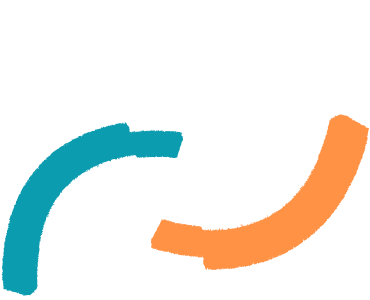 Teal, orange, and white curved lines and circles on a transparent background