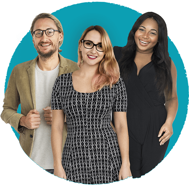Three diverse team members smiling and standing together